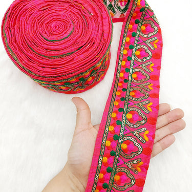 Deep Pink Fabric Trim With Green, Fuchsia Pink, Red And Orange Embroidery and Gold Sequins